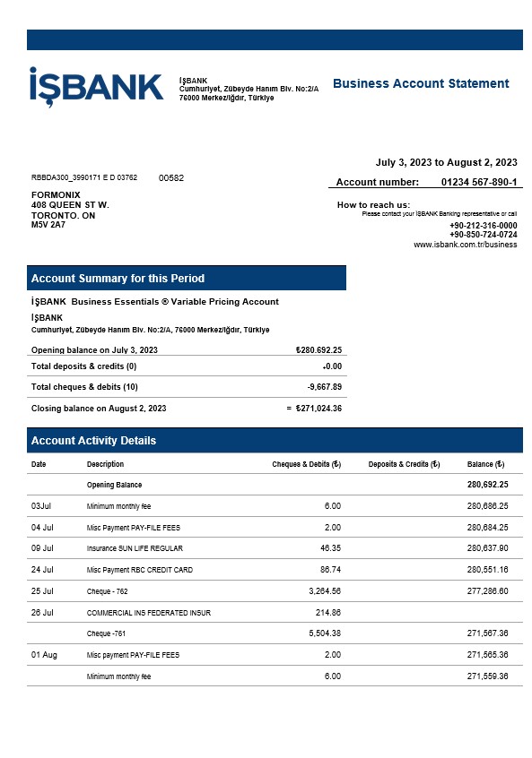 Modèle Word et PDF de relevé de compte courant d'entreprise İşbank